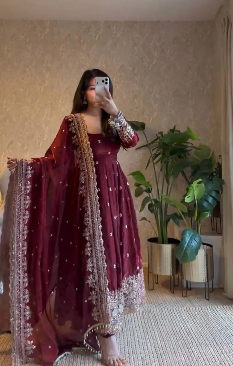 Premium Embroidered Georgette Flair Gown Set