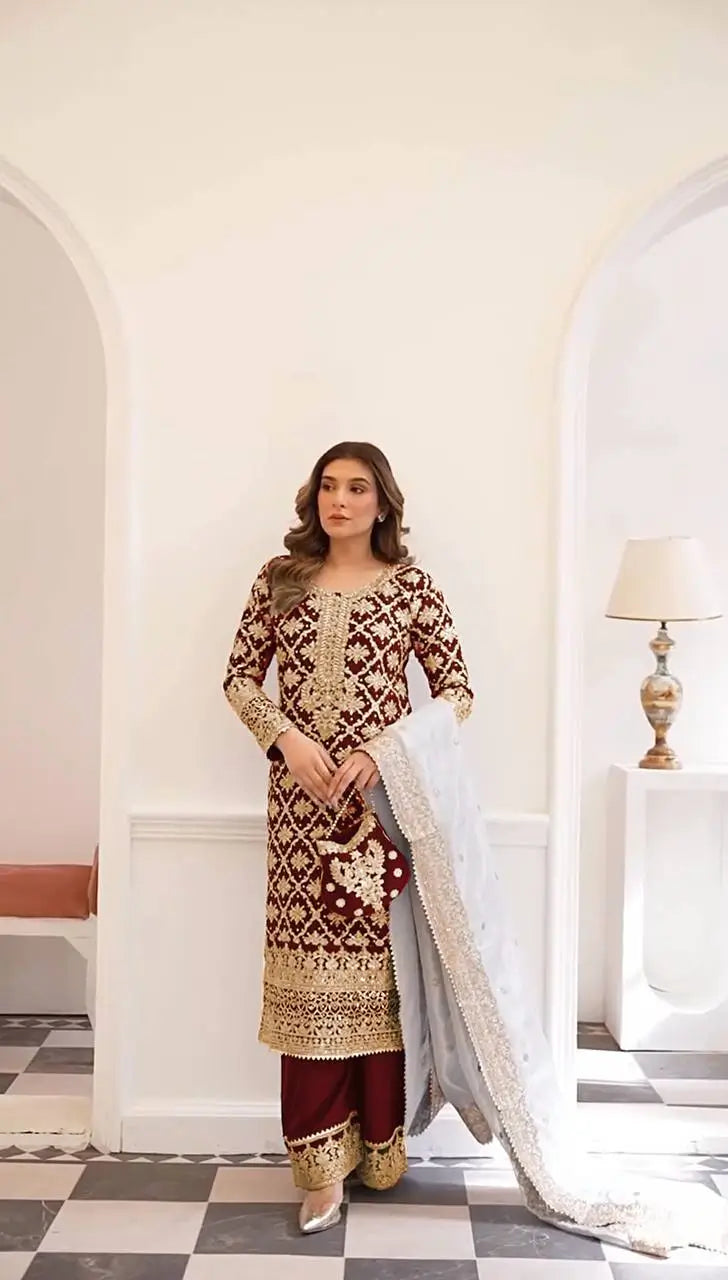 Premium Embroidered Georgette Straight Suit Set