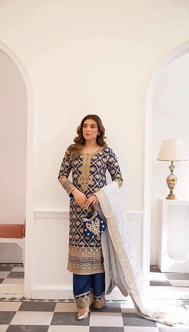 Premium Embroidered Georgette Straight Suit Set