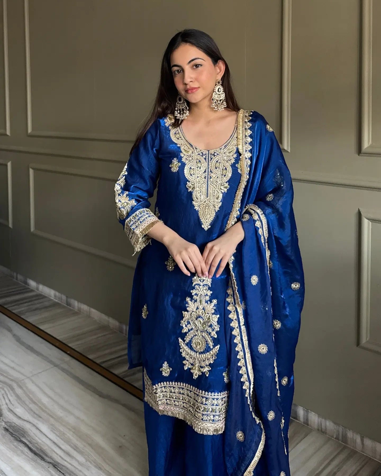 Premium Embroidered Satin Kurta Palazzo Set with Dupatta for Festive Wear