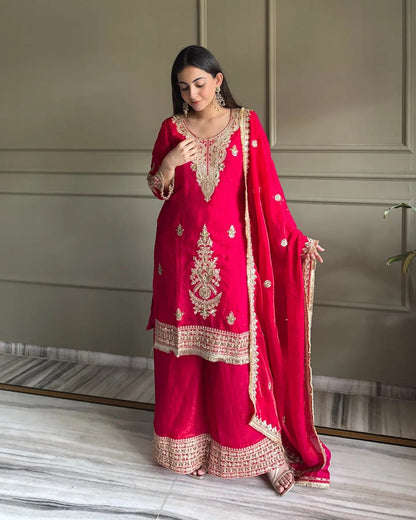 Premium Embroidered Satin Kurta Palazzo Set with Dupatta for Festive Wear