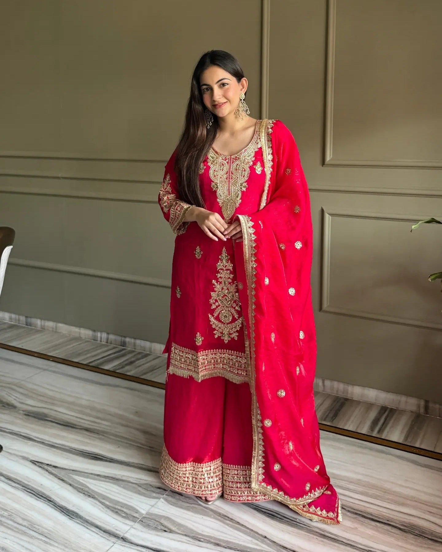 Premium Embroidered Satin Kurta Palazzo Set with Dupatta for Festive Wear