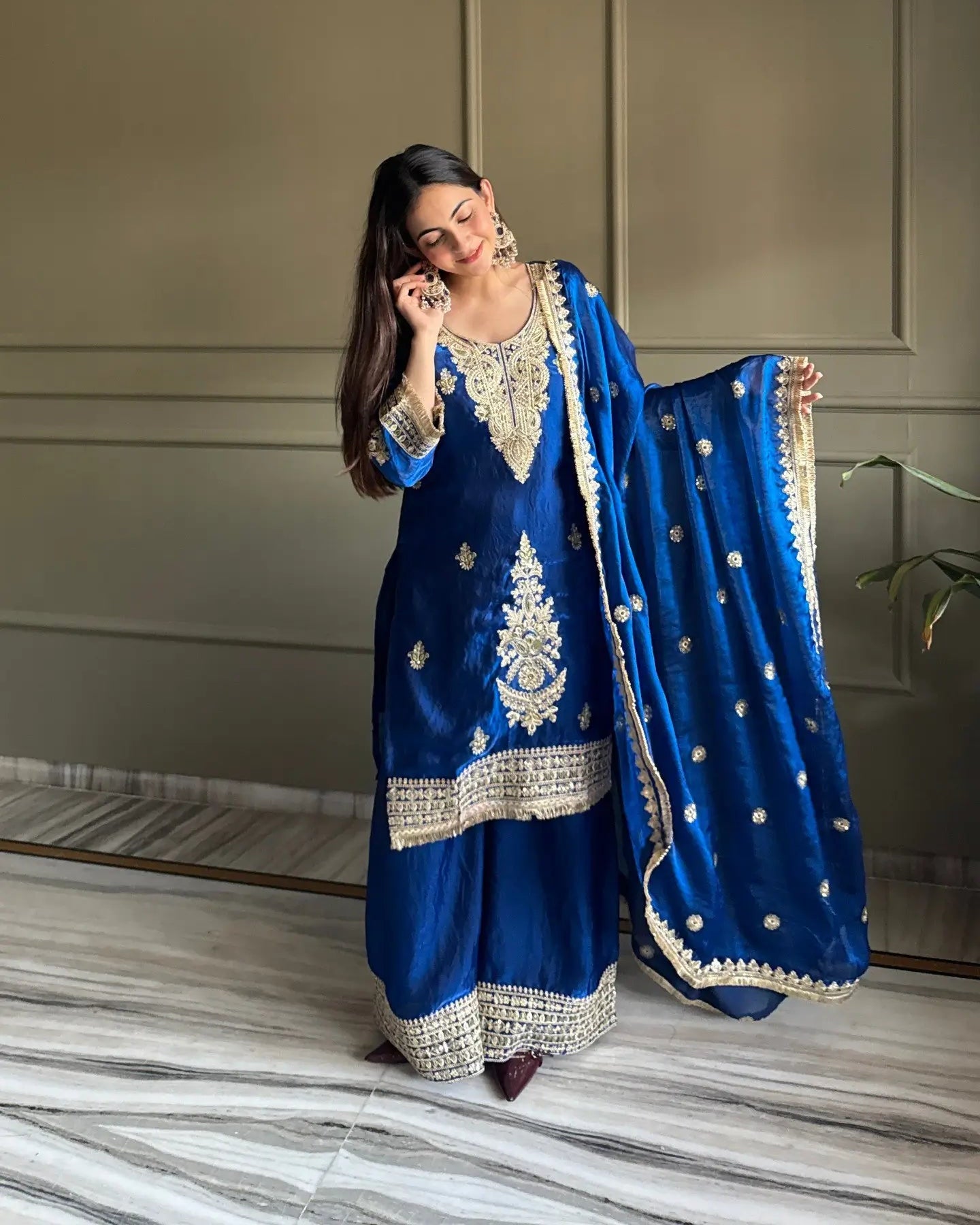 Premium Embroidered Satin Kurta Palazzo Set with Dupatta for Festive Wear