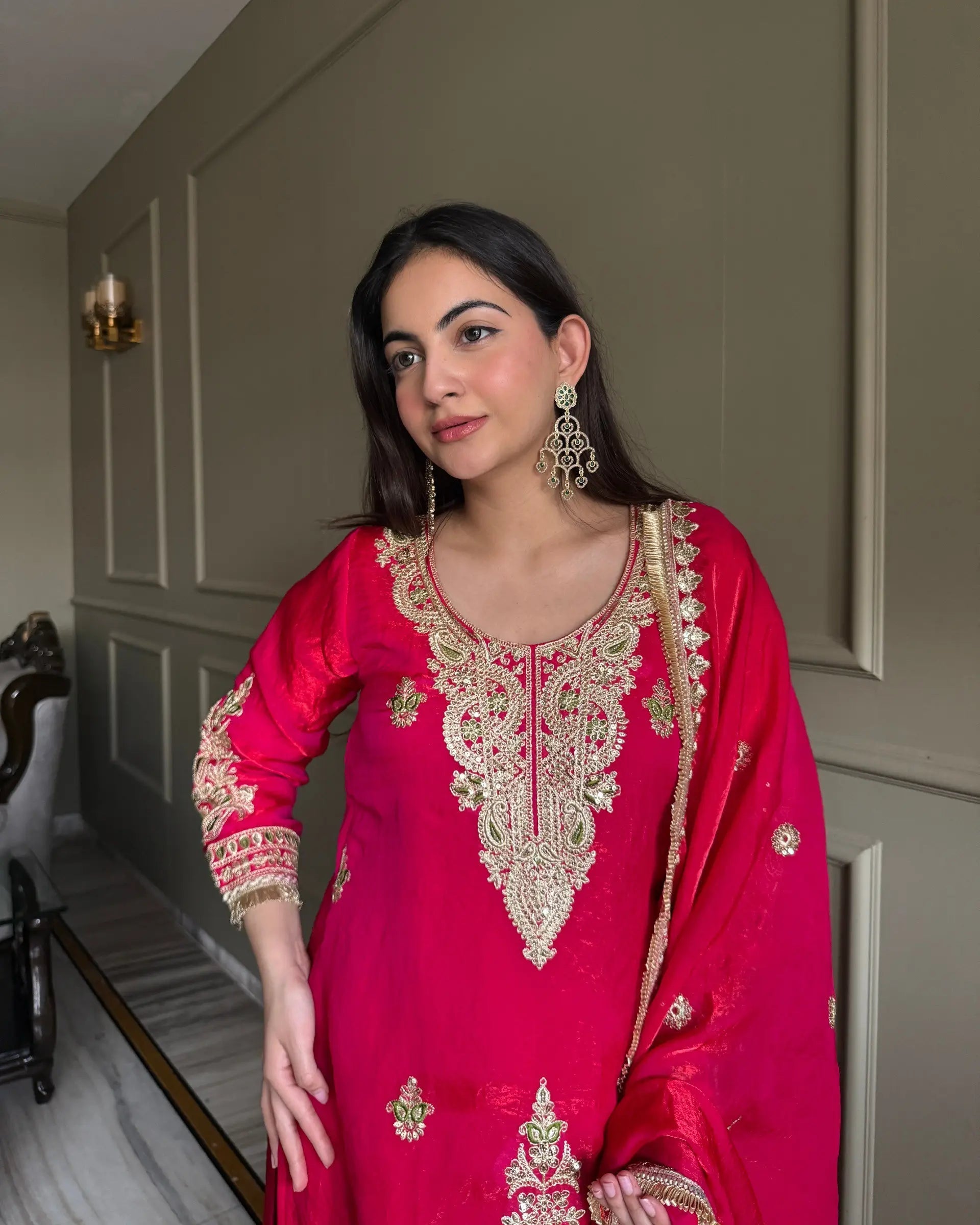 Premium Embroidered Satin Kurta Palazzo Set with Dupatta for Festive Wear