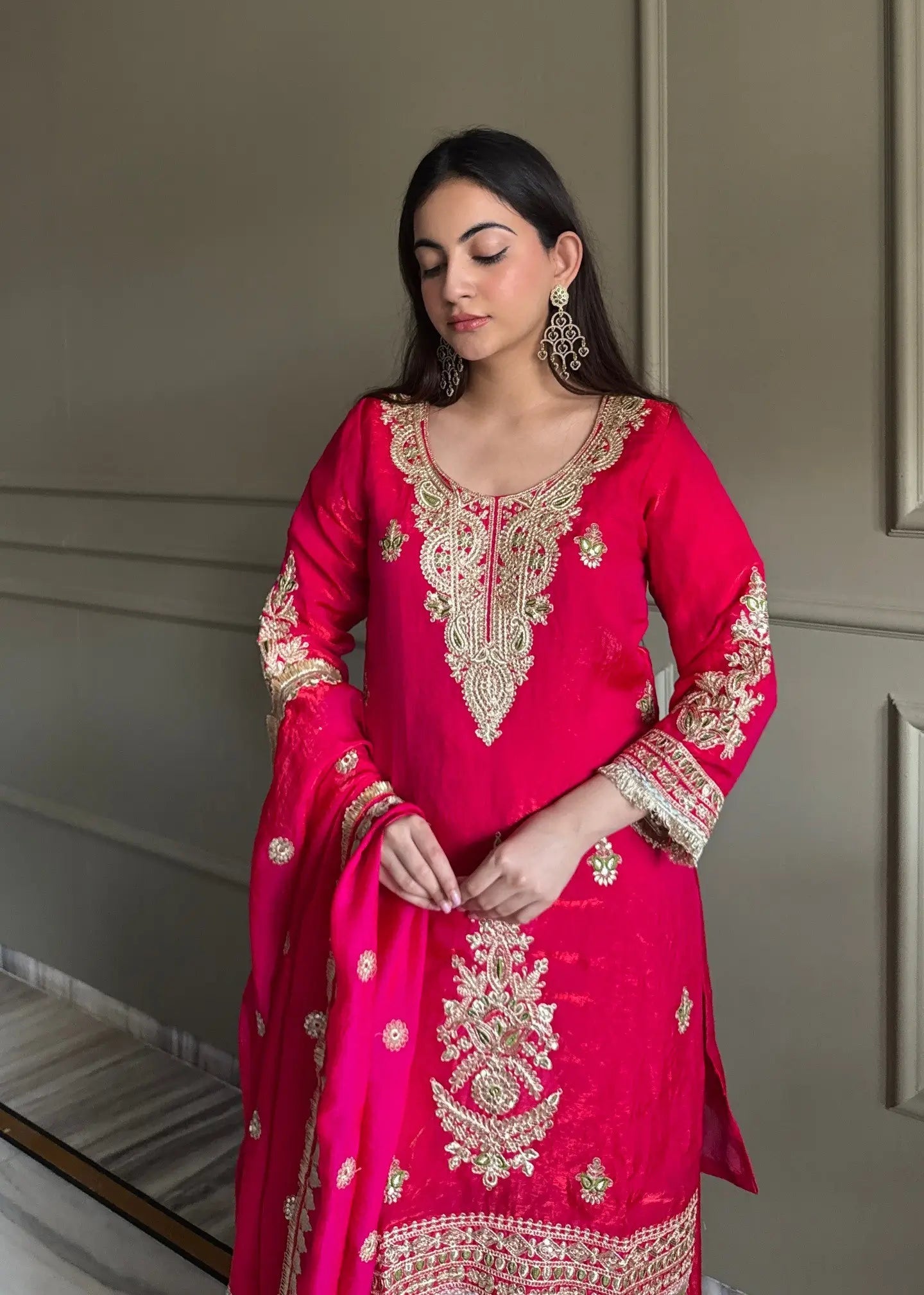 Premium Embroidered Satin Kurta Palazzo Set with Dupatta for Festive Wear