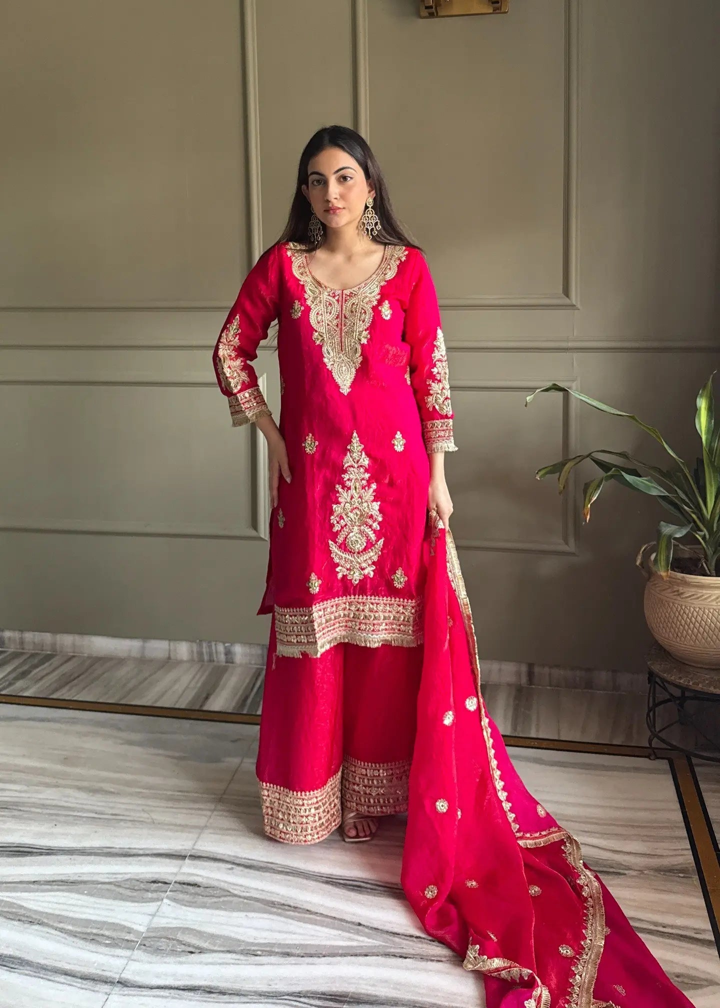 Premium Embroidered Satin Kurta Palazzo Set with Dupatta for Festive Wear