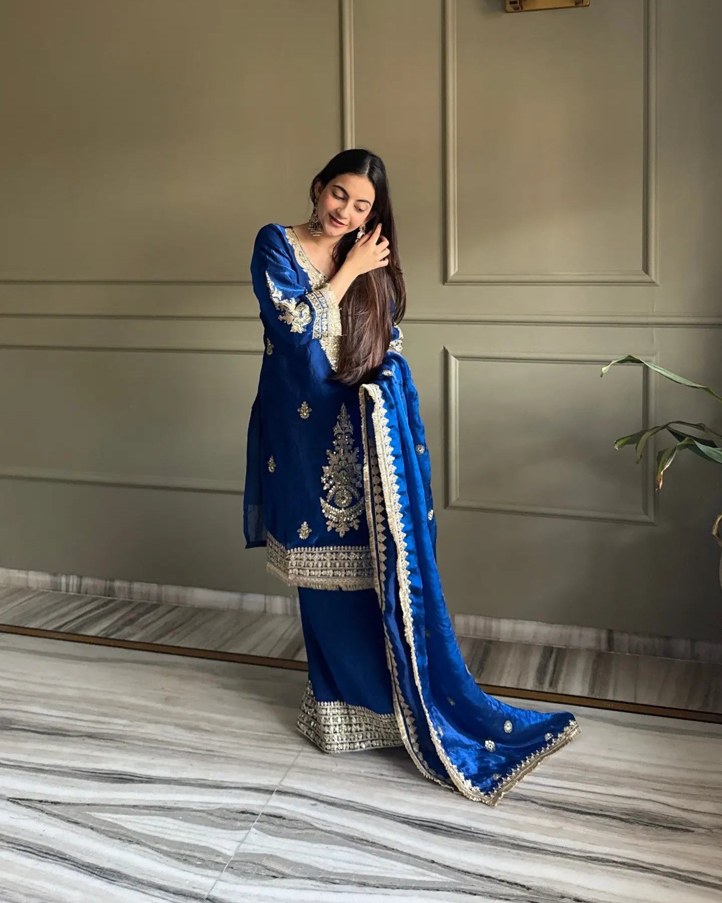 Premium Embroidered Satin Kurta Palazzo Set with Dupatta for Festive Wear