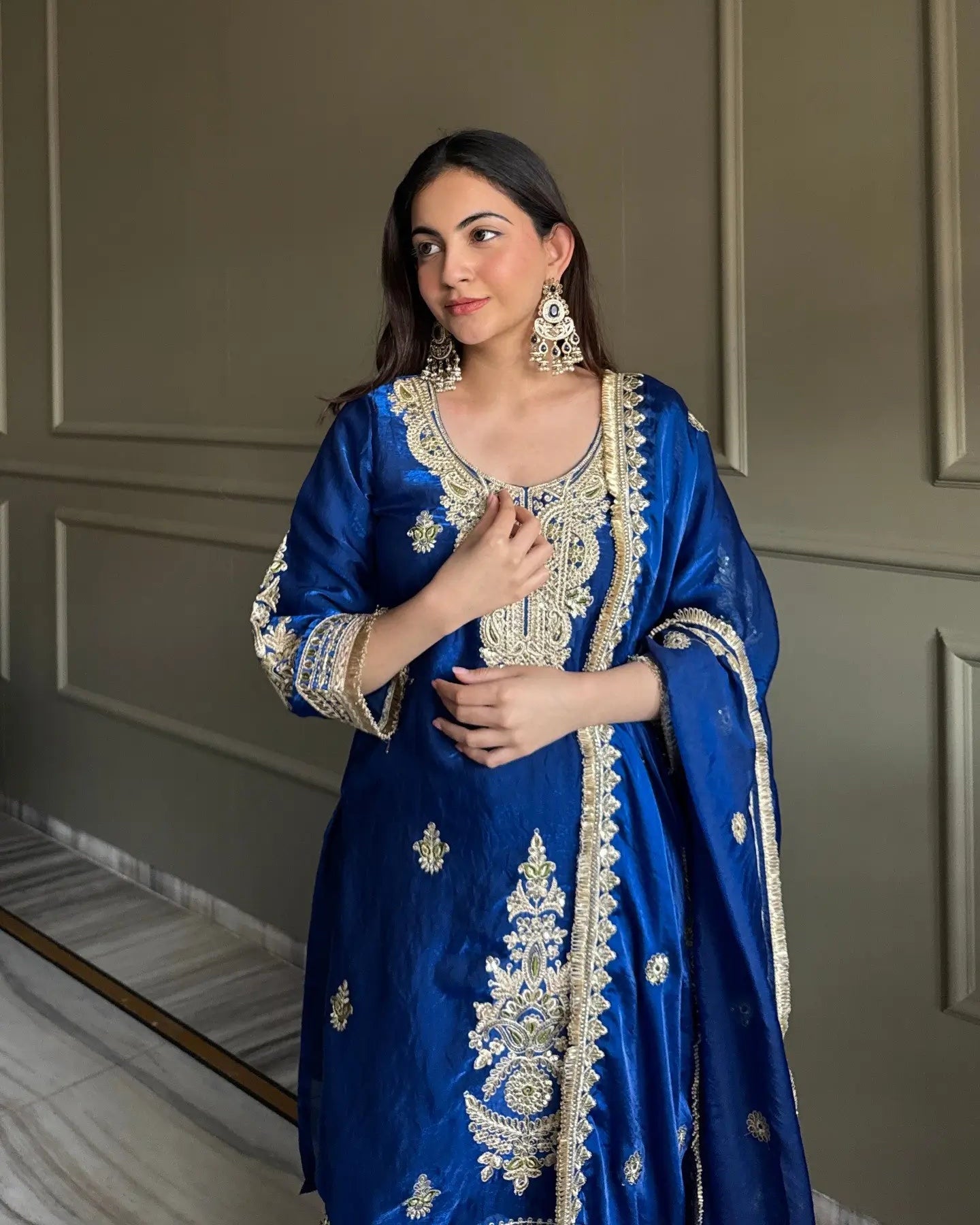 Premium Embroidered Satin Kurta Palazzo Set with Dupatta for Festive Wear