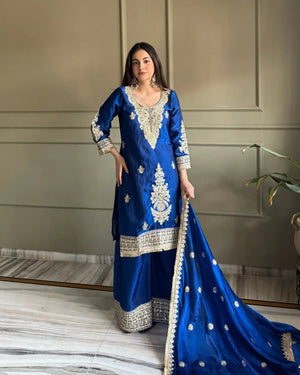 Premium Embroidered Satin Kurta Palazzo Set with Dupatta for Festive Wear