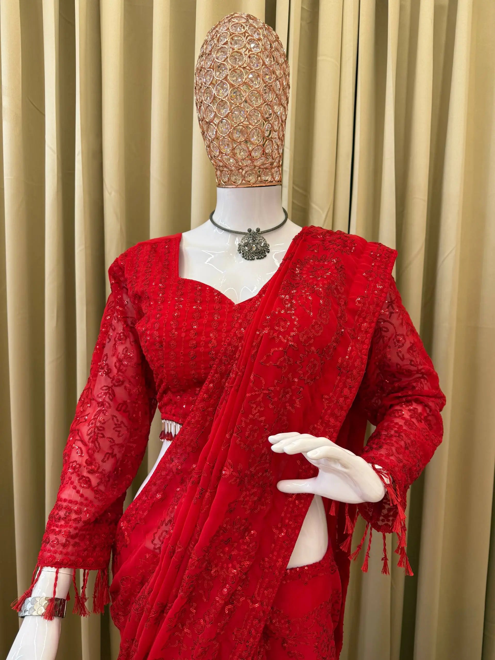 Premium Embroidered Sequins Georgette Saree Set