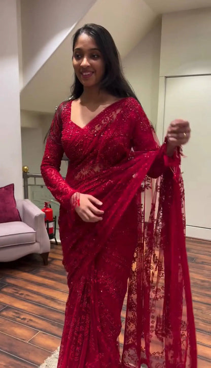 Premium Embroidered Sequins Georgette Saree Set