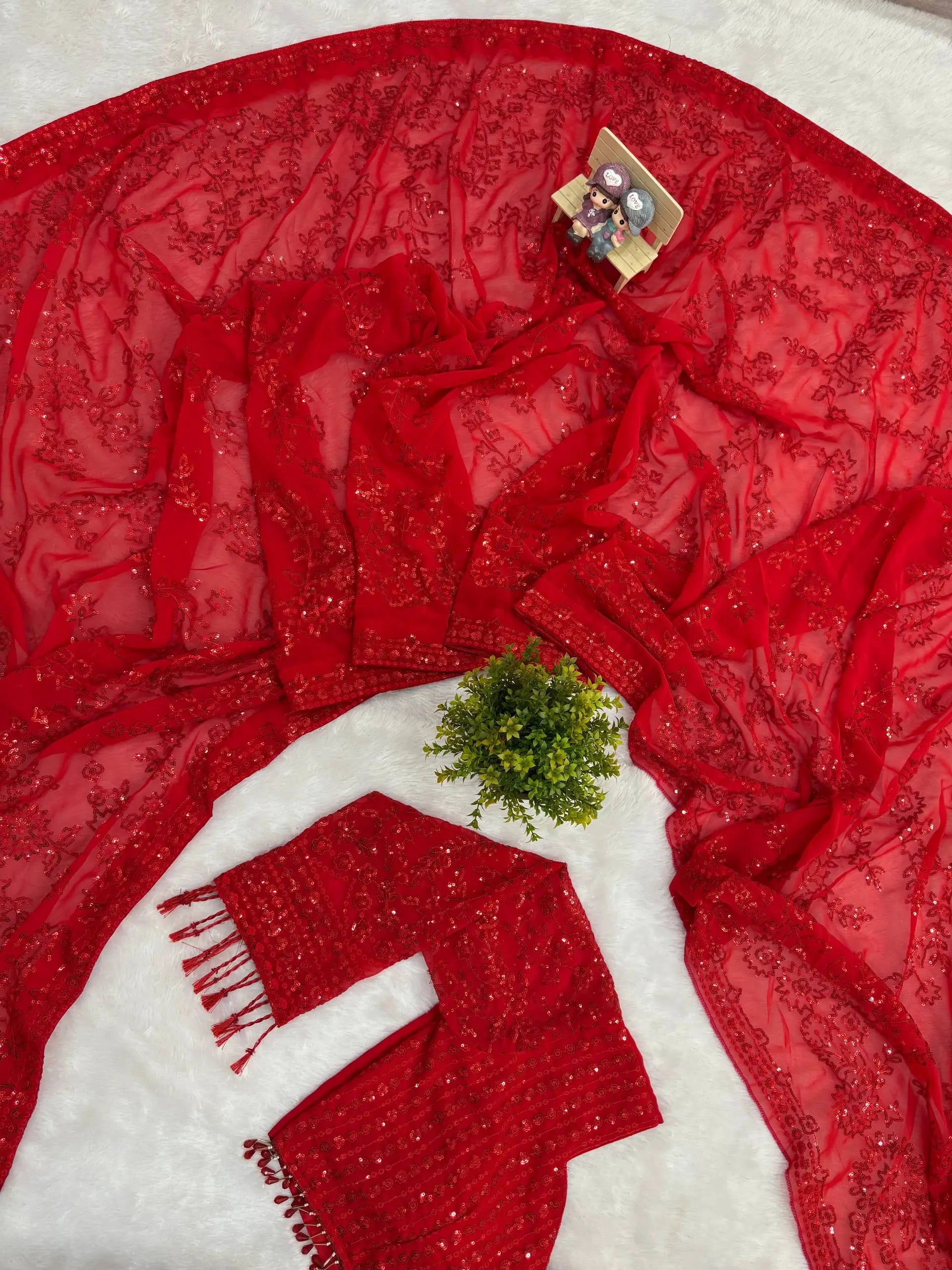 Premium Embroidered Sequins Georgette Saree Set