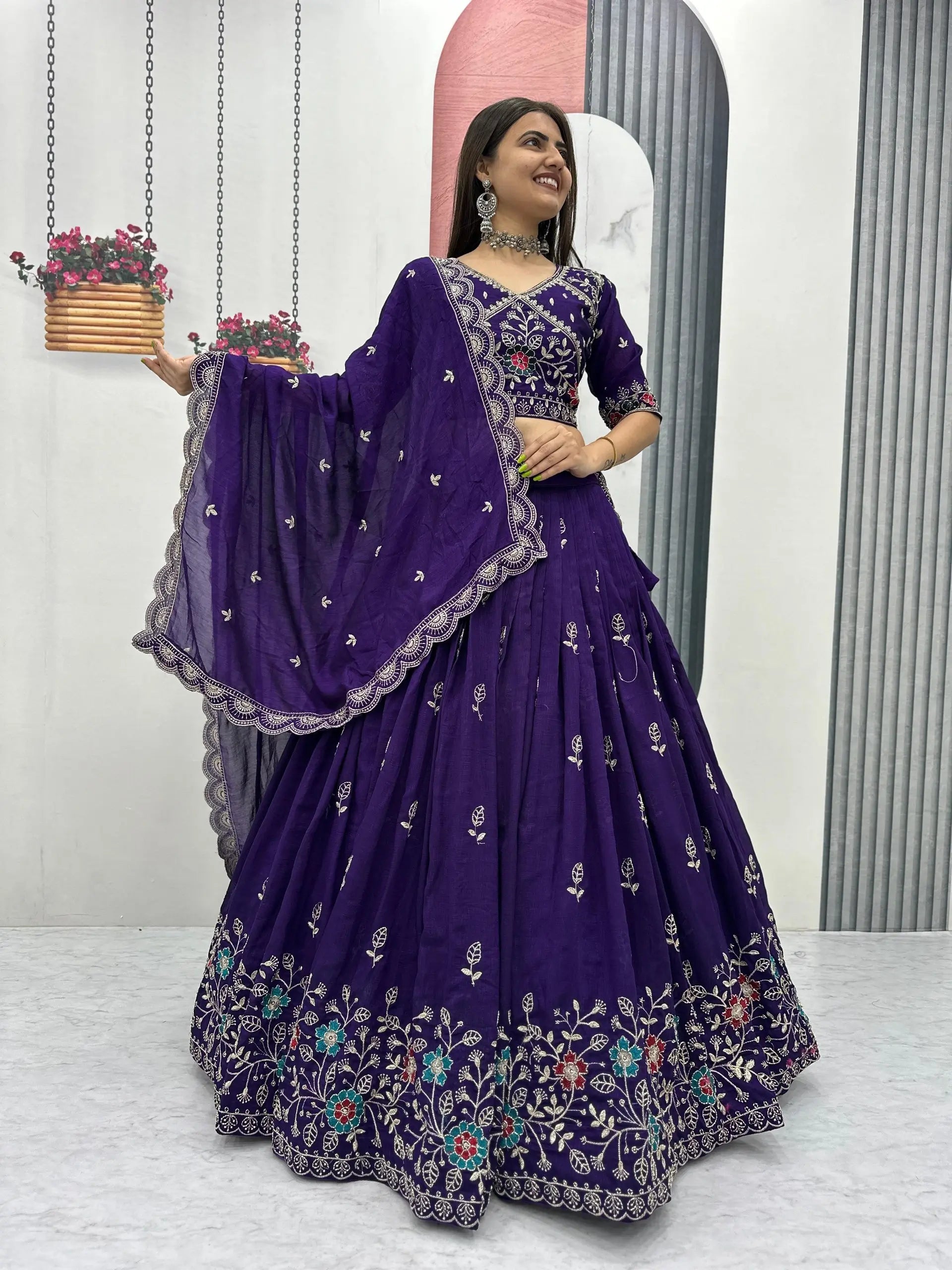 Premium Embroidered Vichitra Silk Lehenga Set