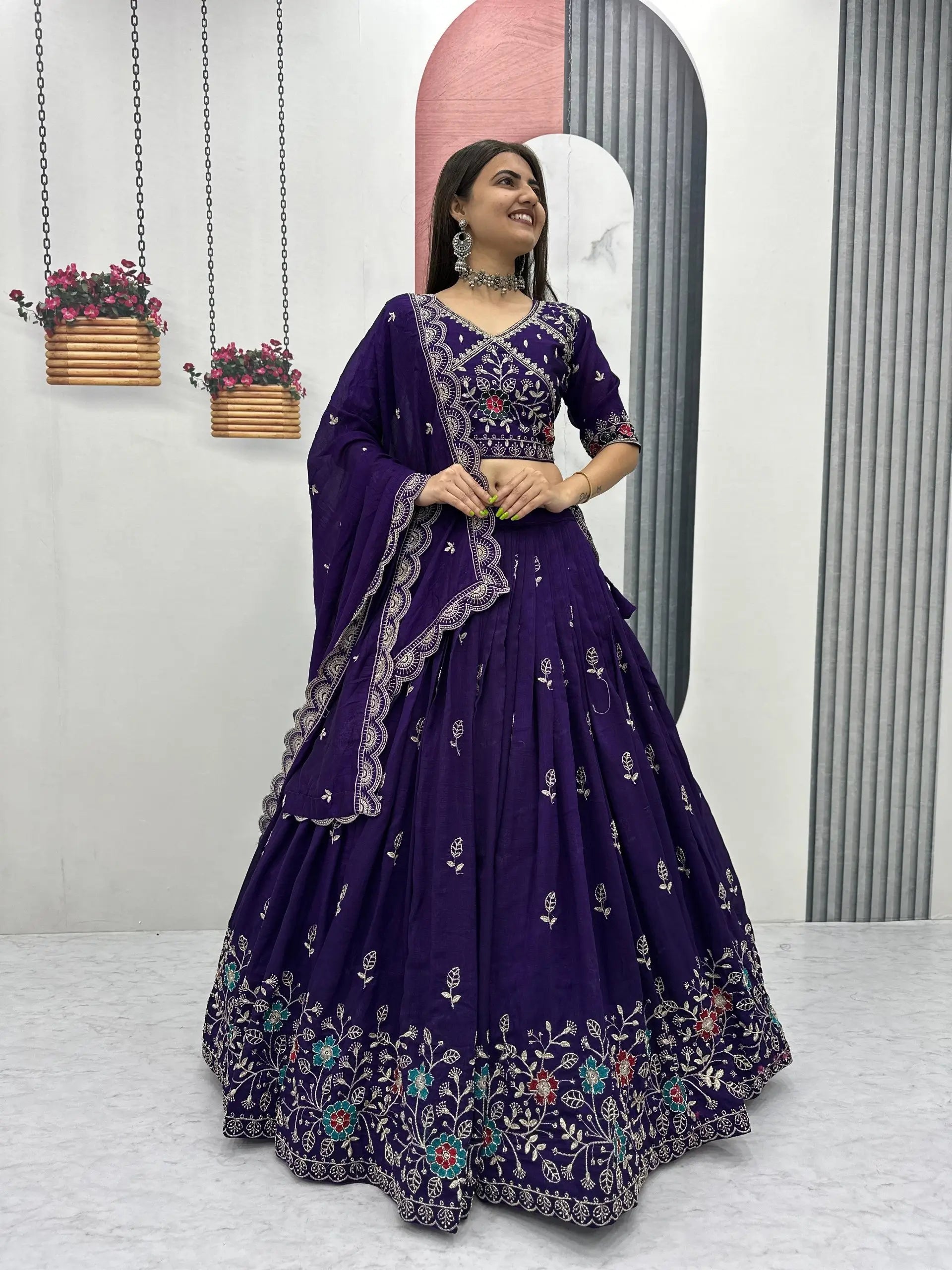 Premium Embroidered Vichitra Silk Lehenga Set