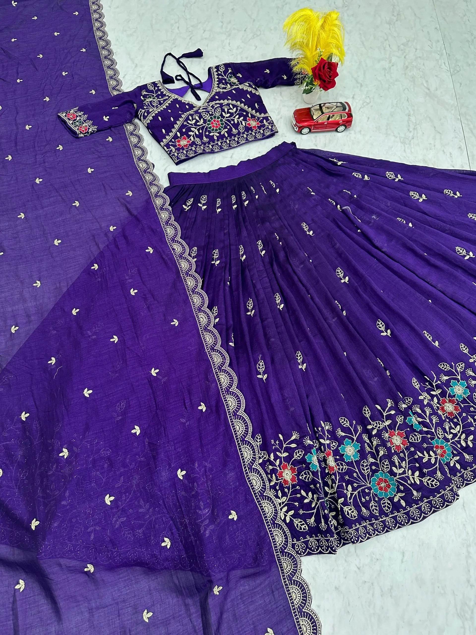 Premium Embroidered Vichitra Silk Lehenga Set