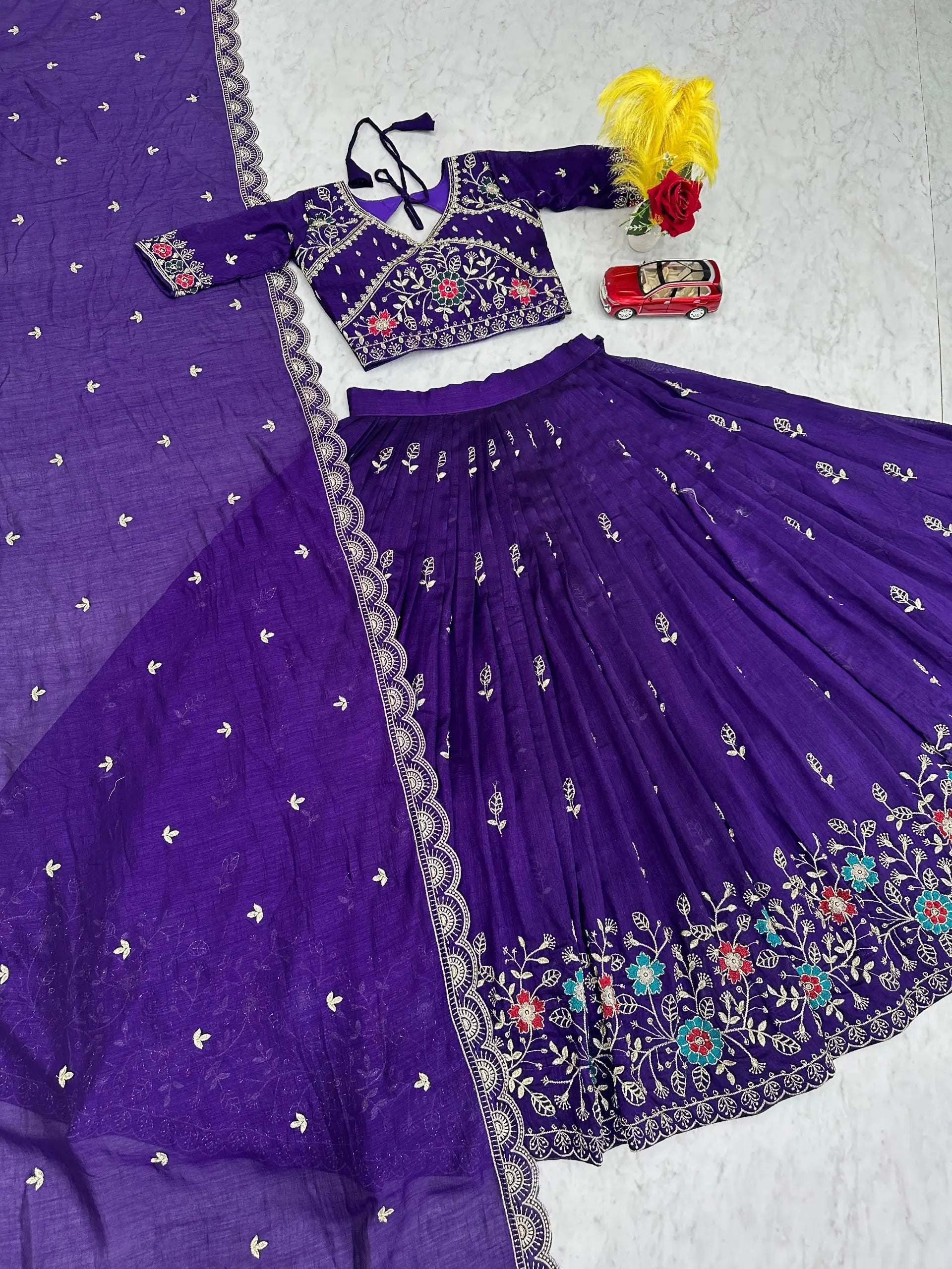 Premium Embroidered Vichitra Silk Lehenga Set