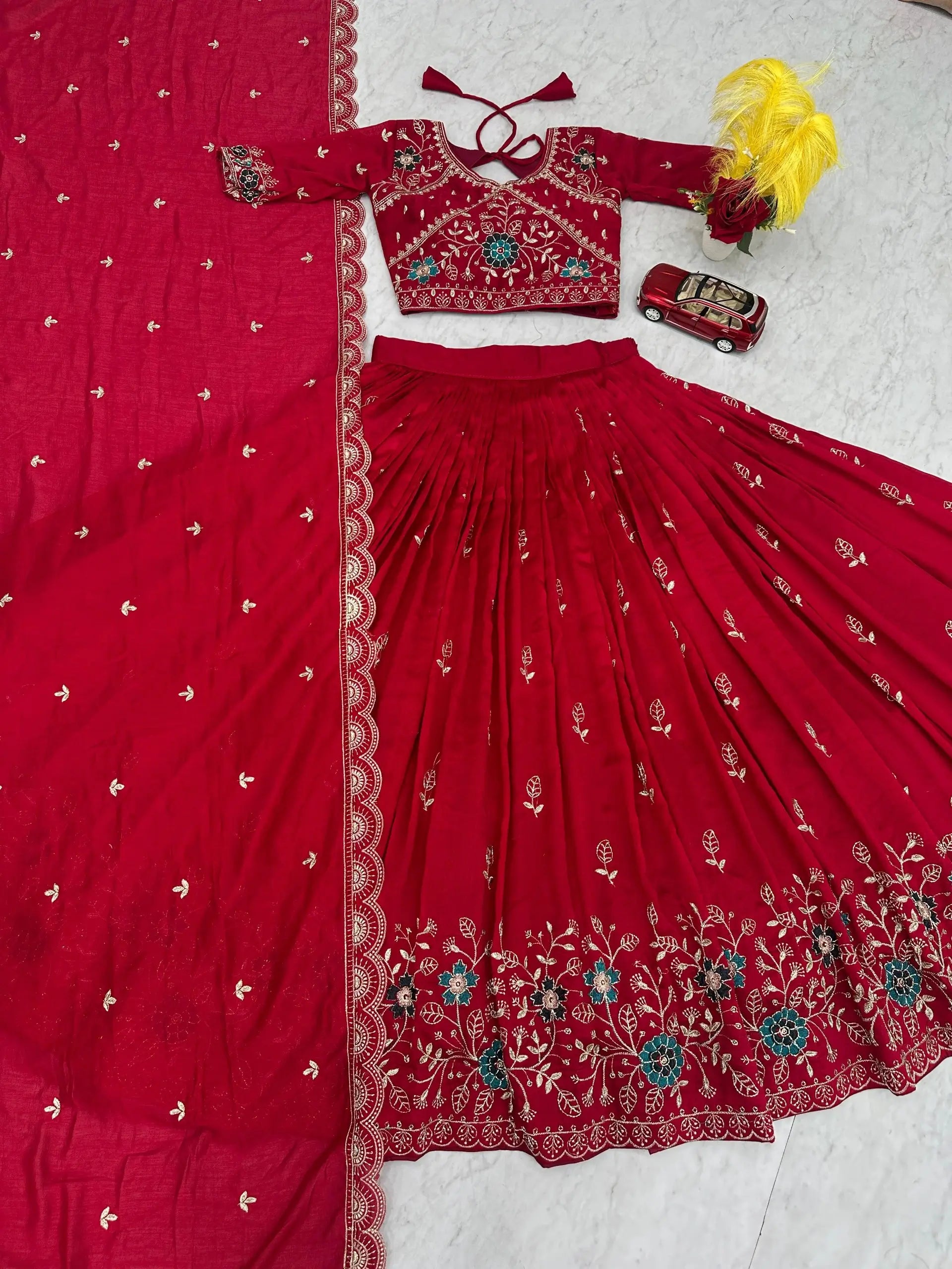 Premium Embroidered Vichitra Silk Lehenga Set