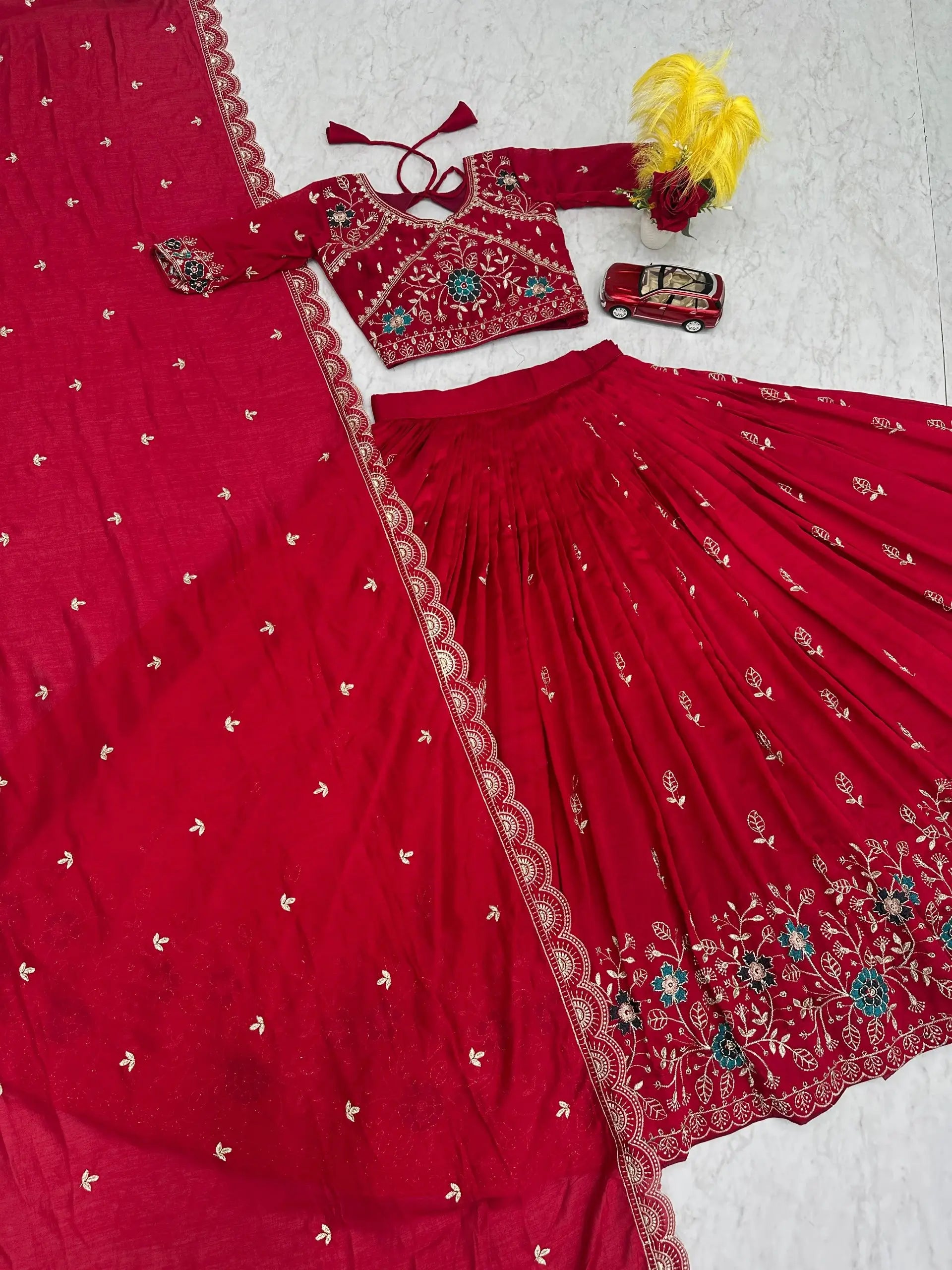 Premium Embroidered Vichitra Silk Lehenga Set