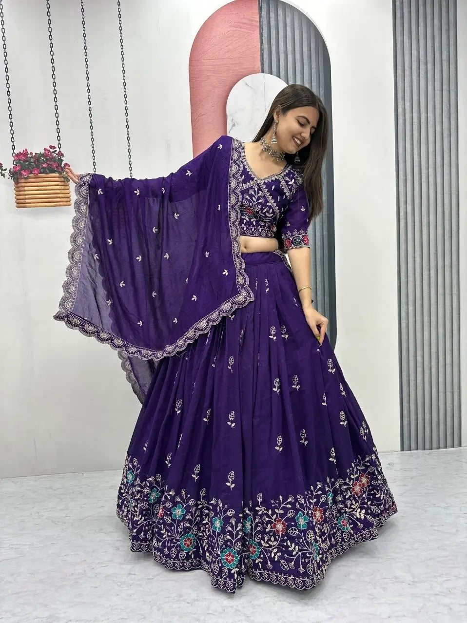 Premium Embroidered Vichitra Silk Lehenga Set