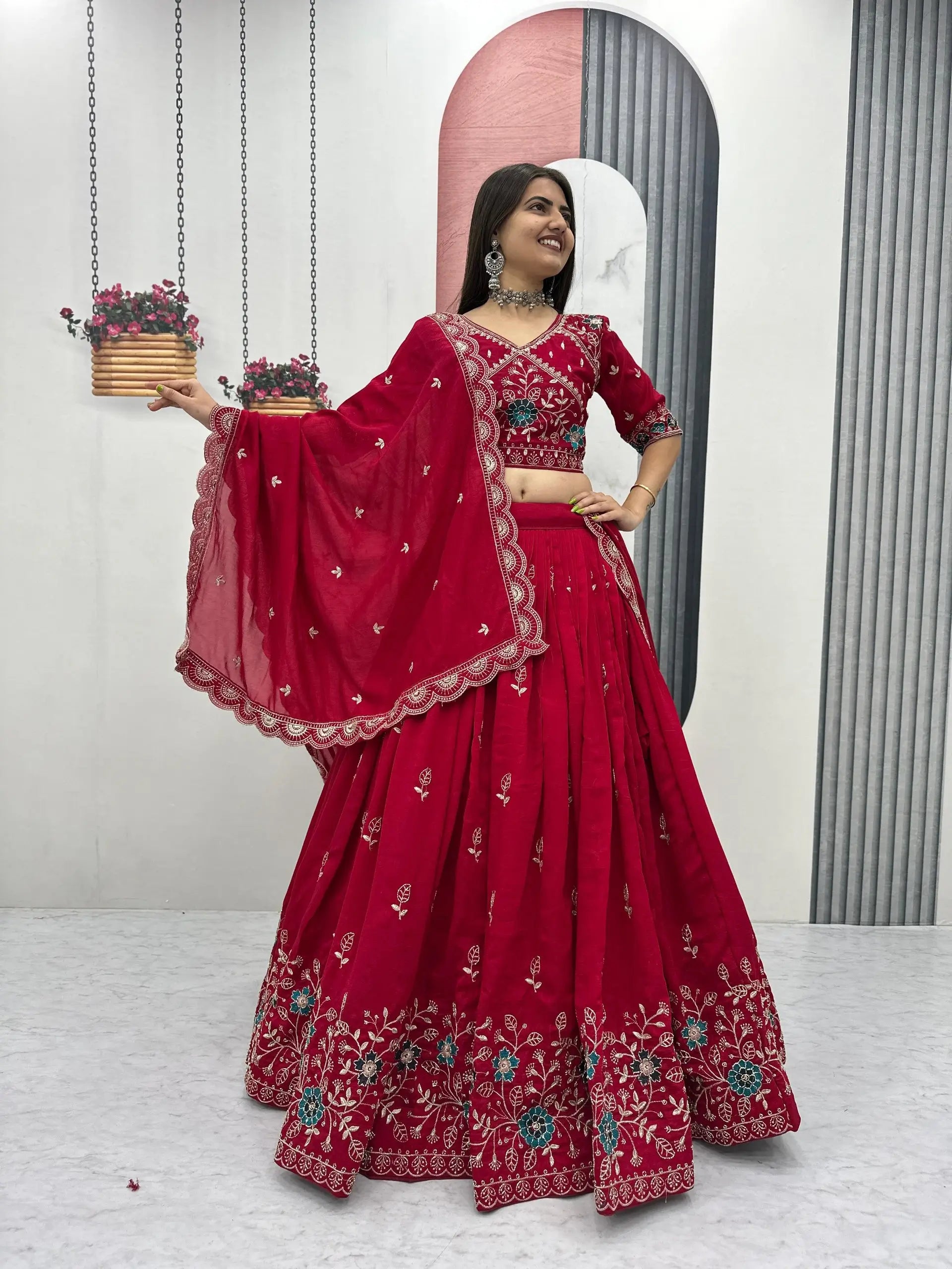 Premium Embroidered Vichitra Silk Lehenga Set