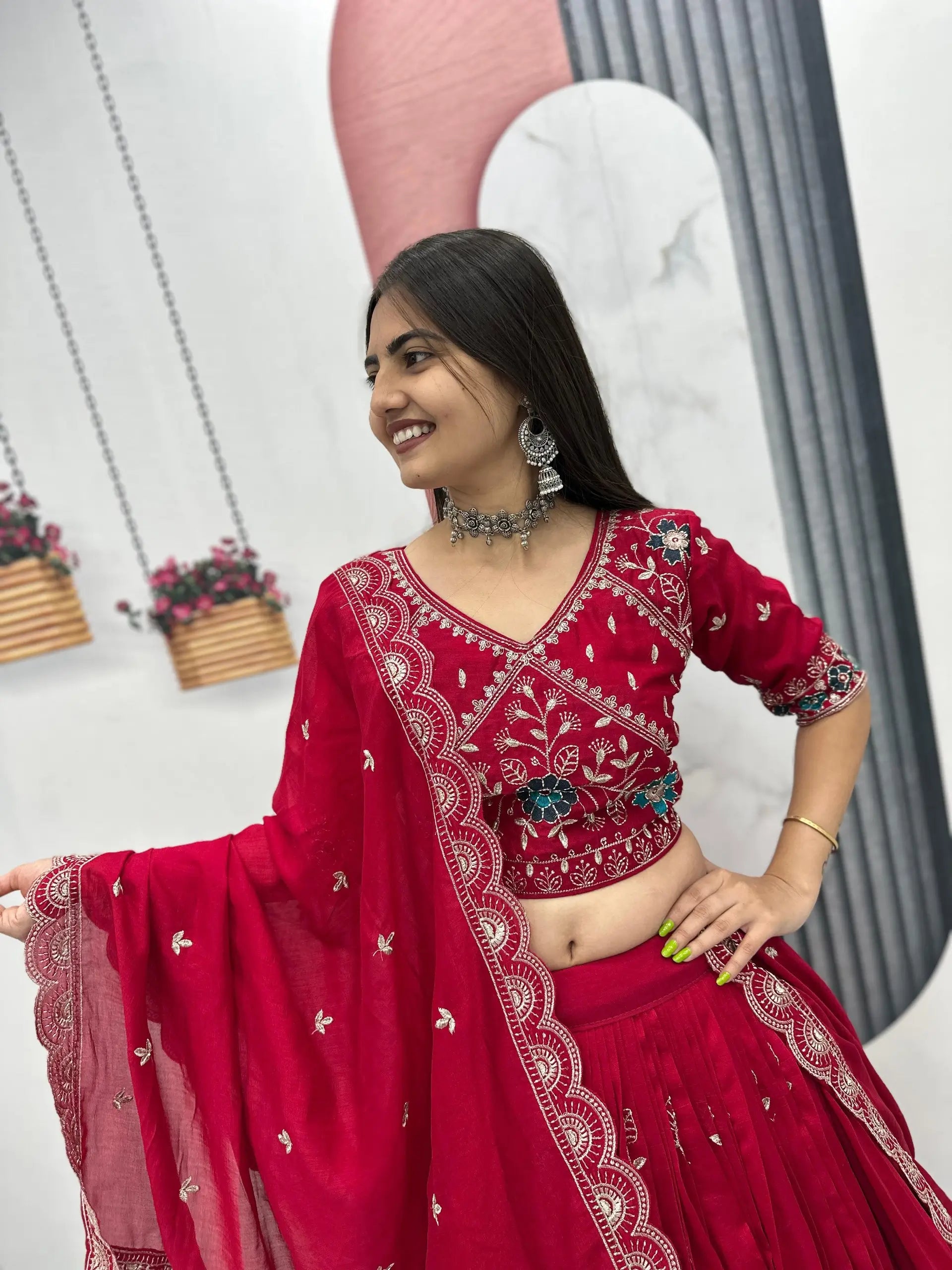 Premium Embroidered Vichitra Silk Lehenga Set