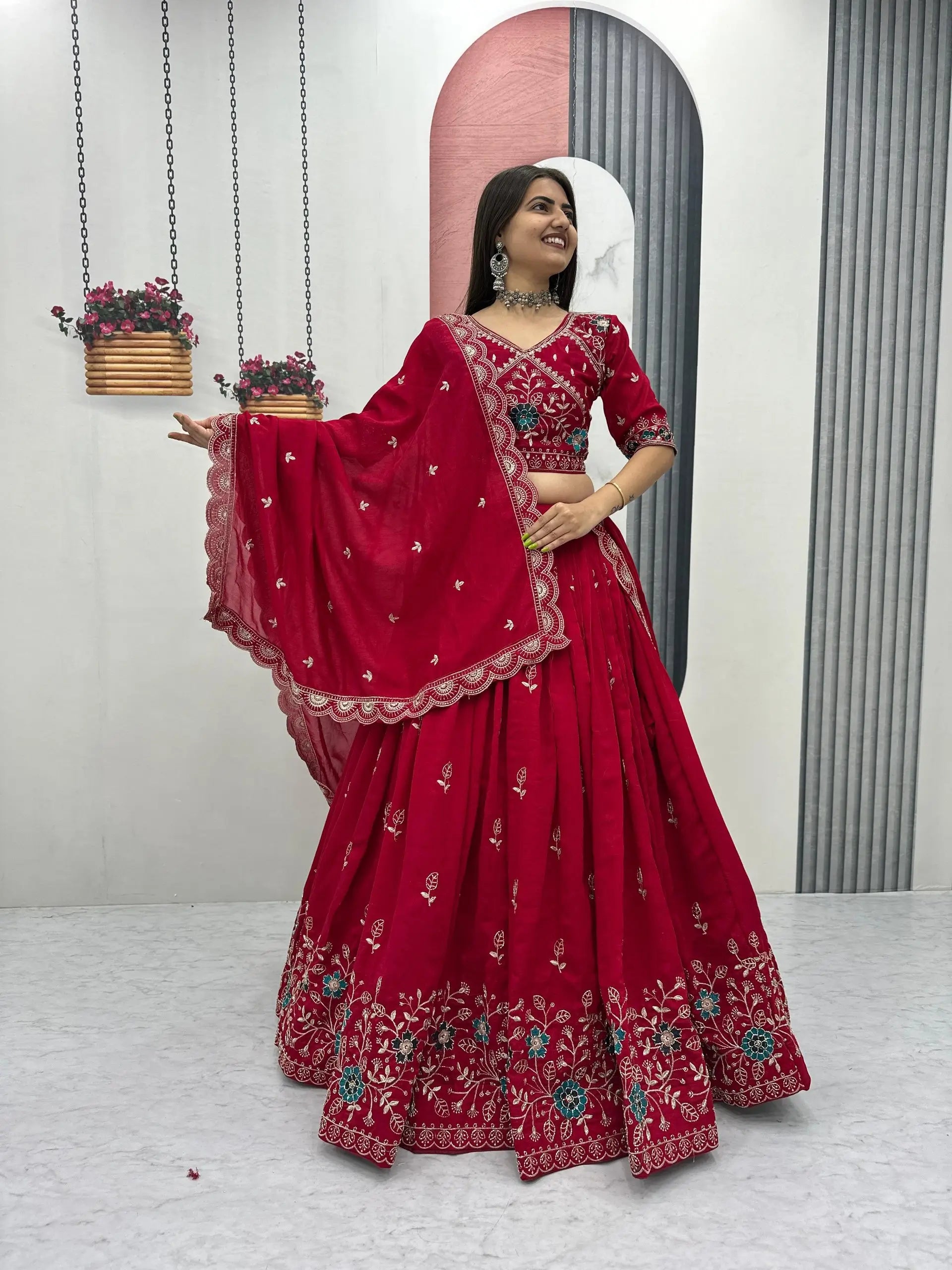 Premium Embroidered Vichitra Silk Lehenga Set