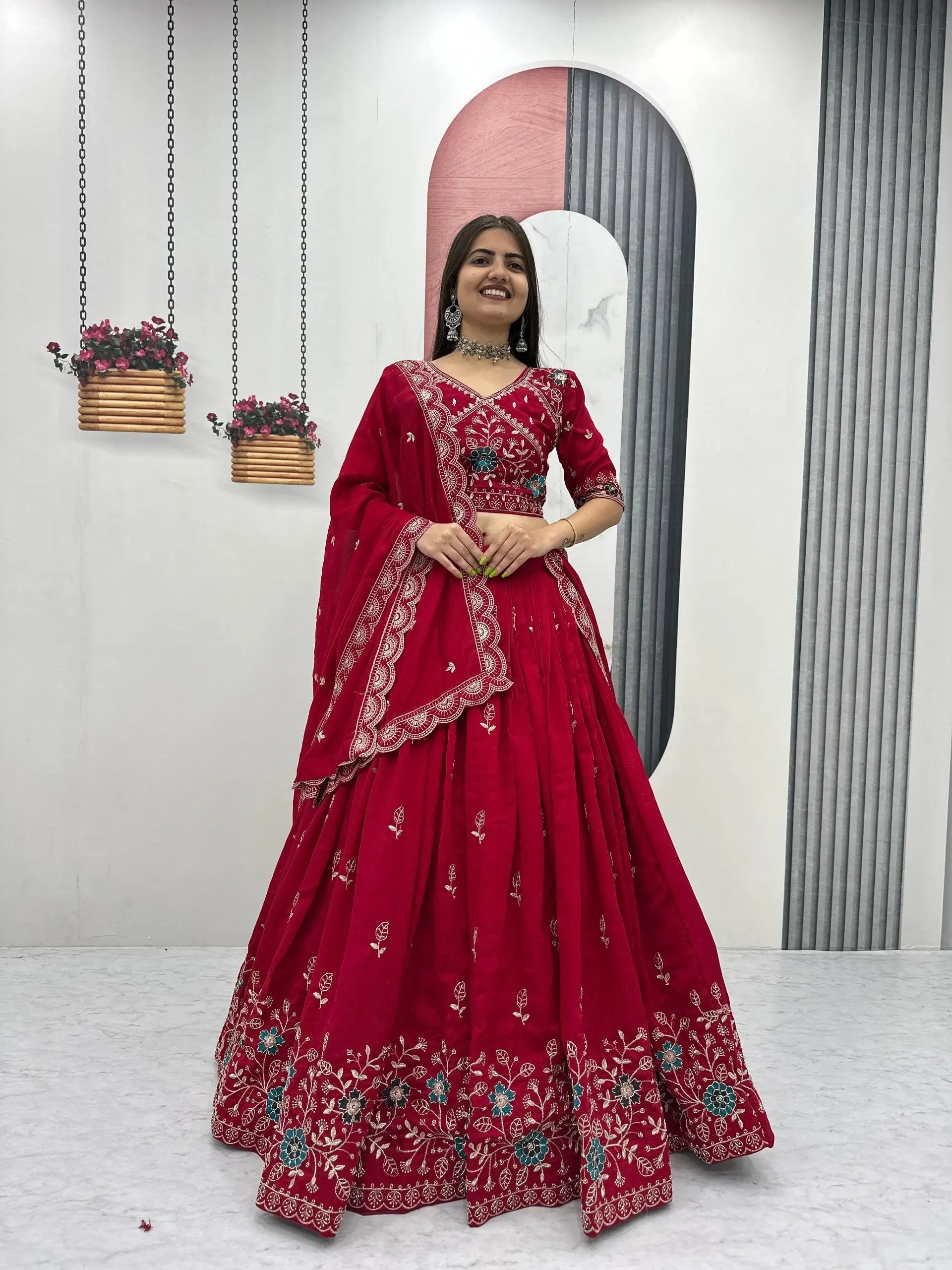 Premium Embroidered Vichitra Silk Lehenga Set