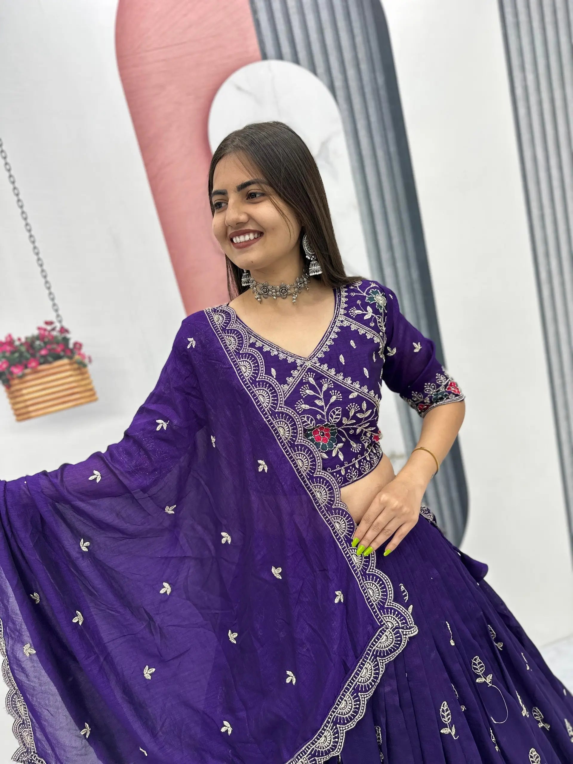 Premium Embroidered Vichitra Silk Lehenga Set