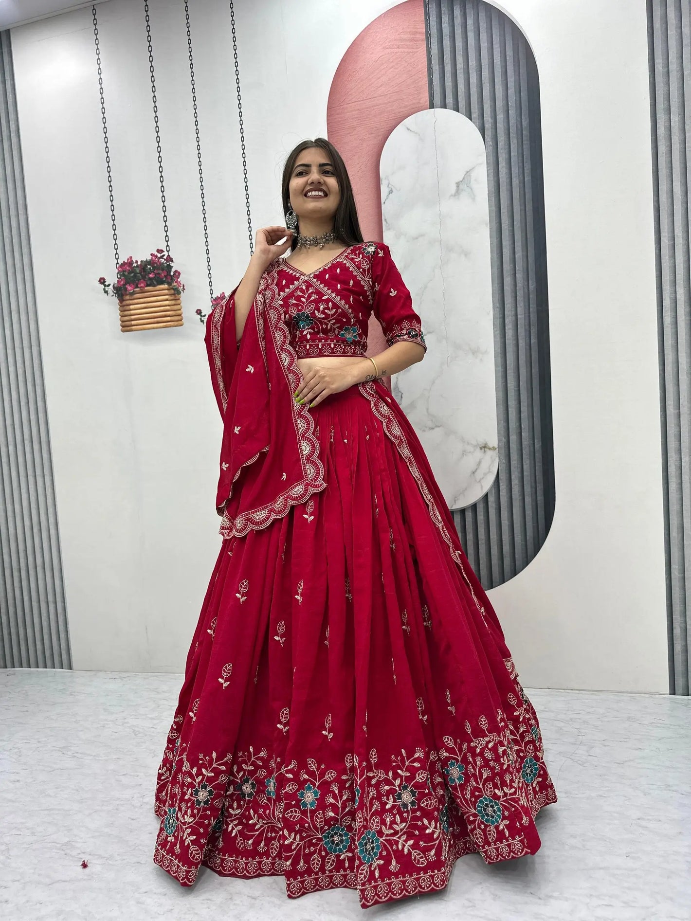 Premium Embroidered Vichitra Silk Lehenga Set
