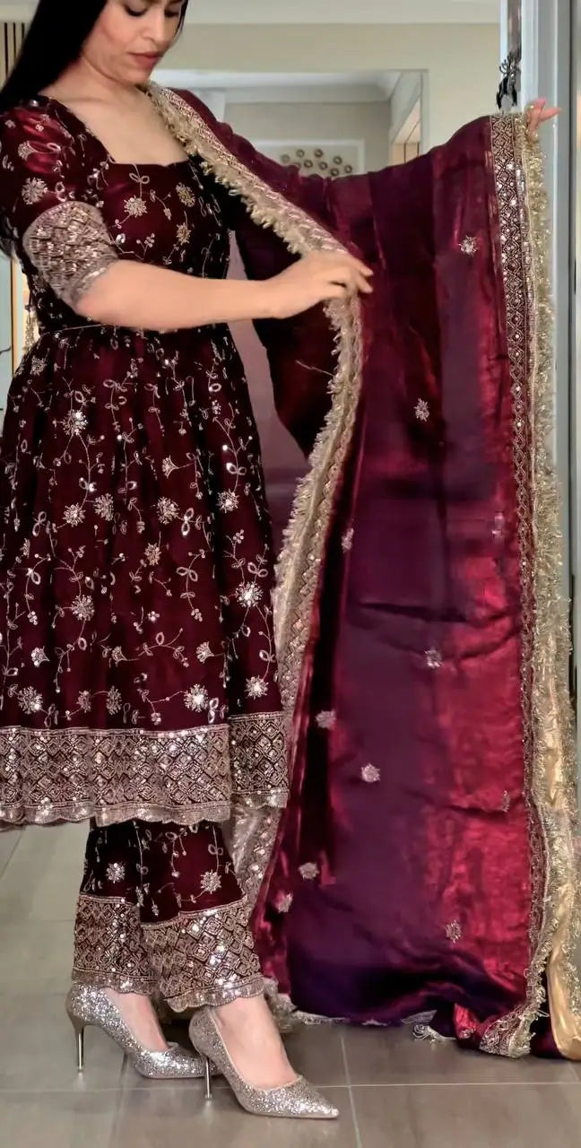 Premium Fandy Silk Embroidered Gown Style Suit Set for Festive and Wedding Wear