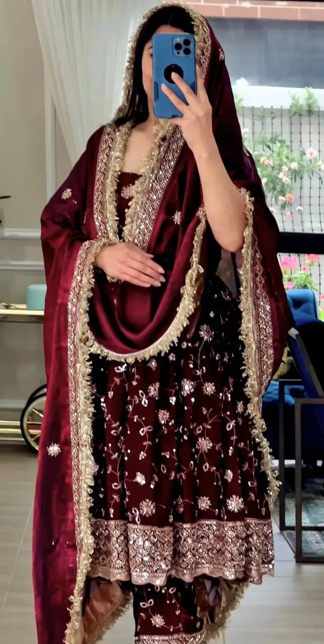 Premium Fandy Silk Embroidered Gown Style Suit Set for Festive and Wedding Wear
