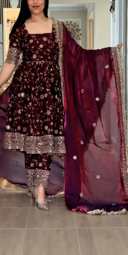 Premium Fandy Silk Embroidered Gown Style Suit Set for Festive and Wedding Wear