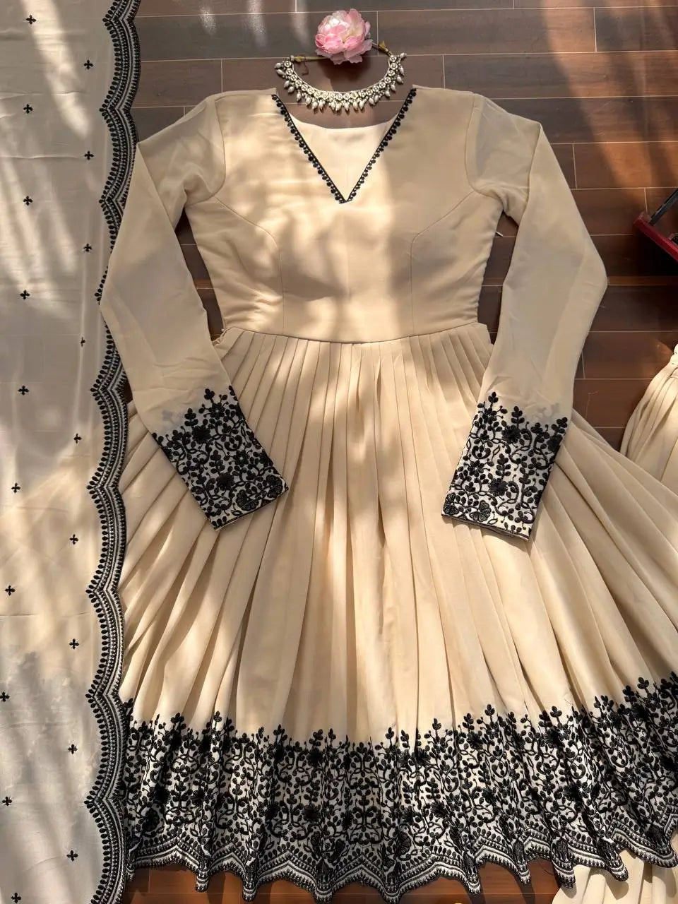 Premium Faux Georgette Embroidered Anarkali Palazzo Set for Festive and Party Wear
