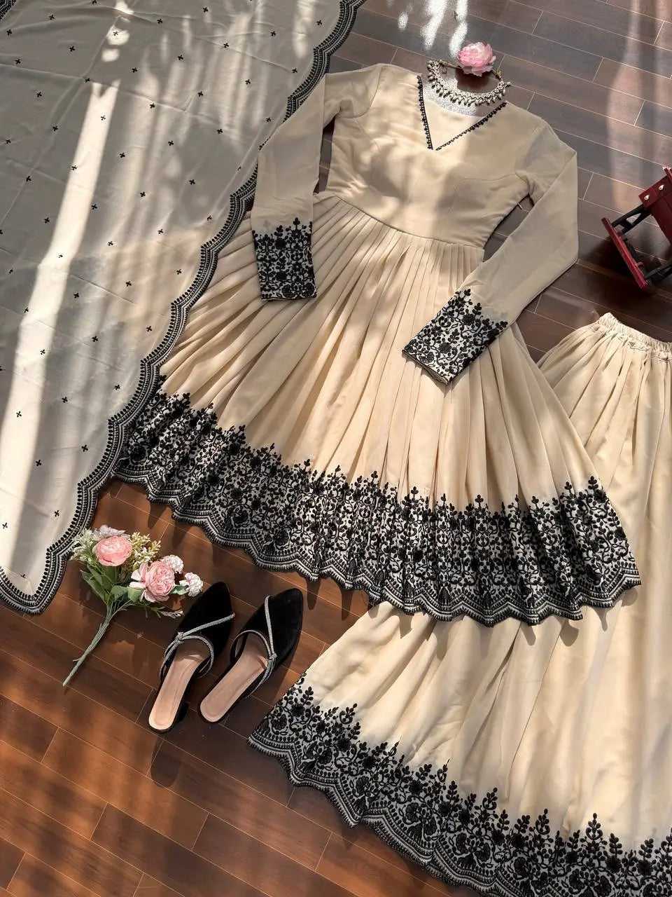Premium Faux Georgette Embroidered Anarkali Palazzo Set for Festive and Party Wear