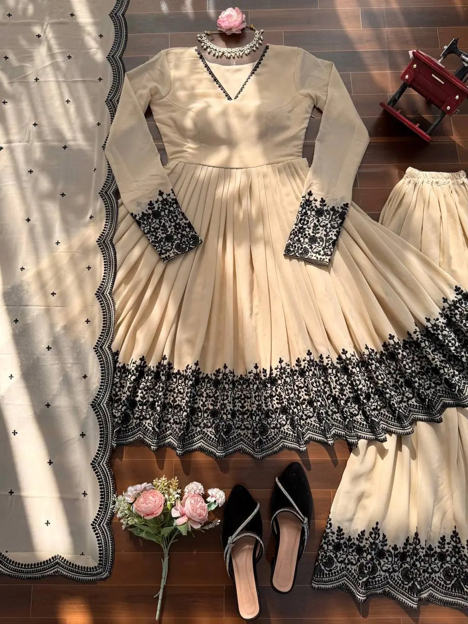 Premium Faux Georgette Embroidered Anarkali Palazzo Set for Festive and Party Wear