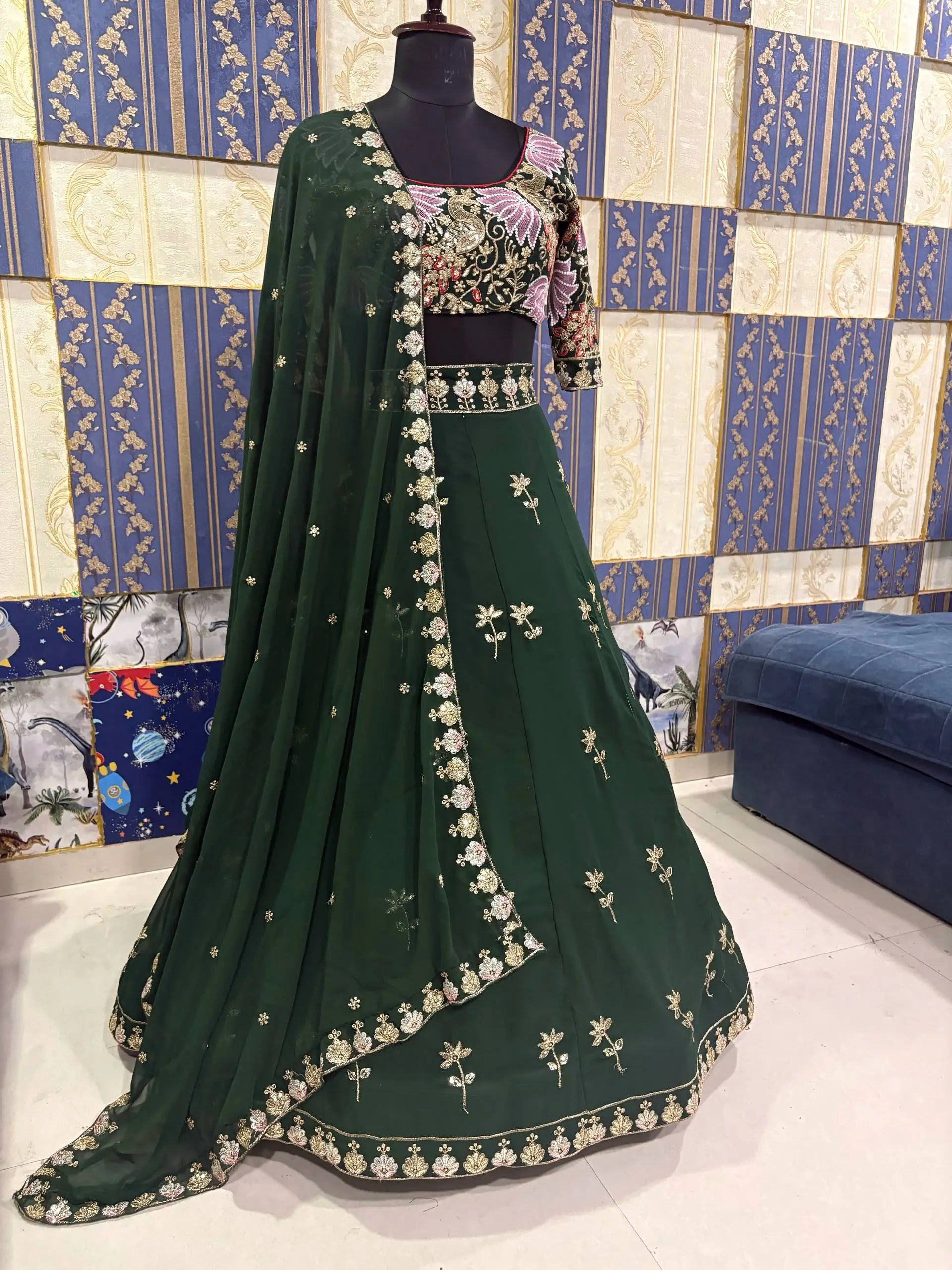 Premium Faux Georgette Sequins Embroidered Lehenga Set for Wedding and Festive Wear