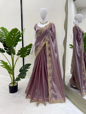Premium Fendi Silk Saree with Intricate Thread Embroidery & Matching Unstitched Blouse