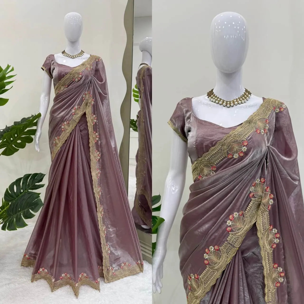 Premium Fendi Silk Saree with Intricate Thread Embroidery & Matching Unstitched Blouse