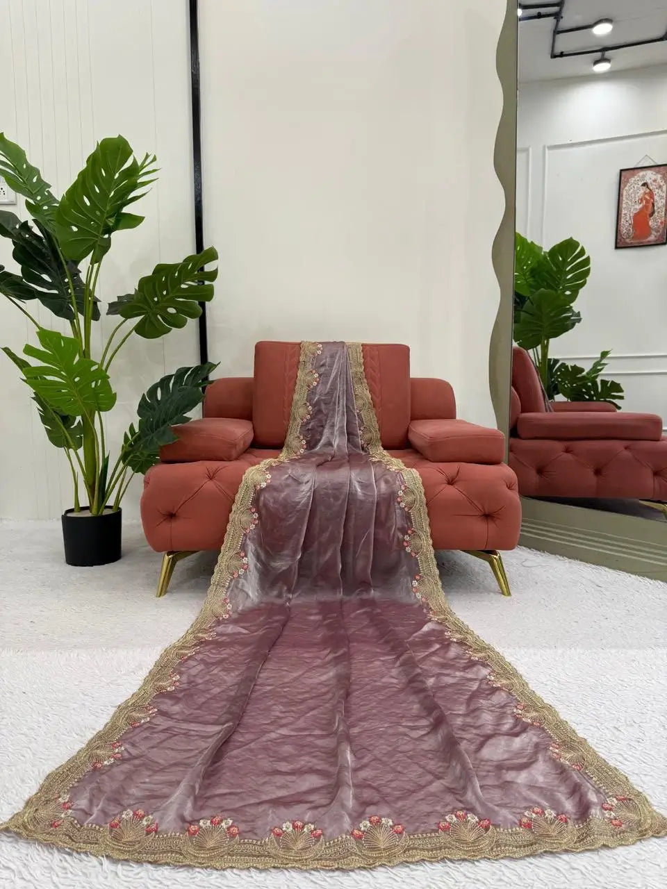 Premium Fendi Silk Saree with Intricate Thread Embroidery & Matching Unstitched Blouse