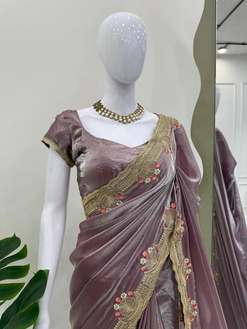 Premium Fendi Silk Saree with Intricate Thread Embroidery & Matching Unstitched Blouse