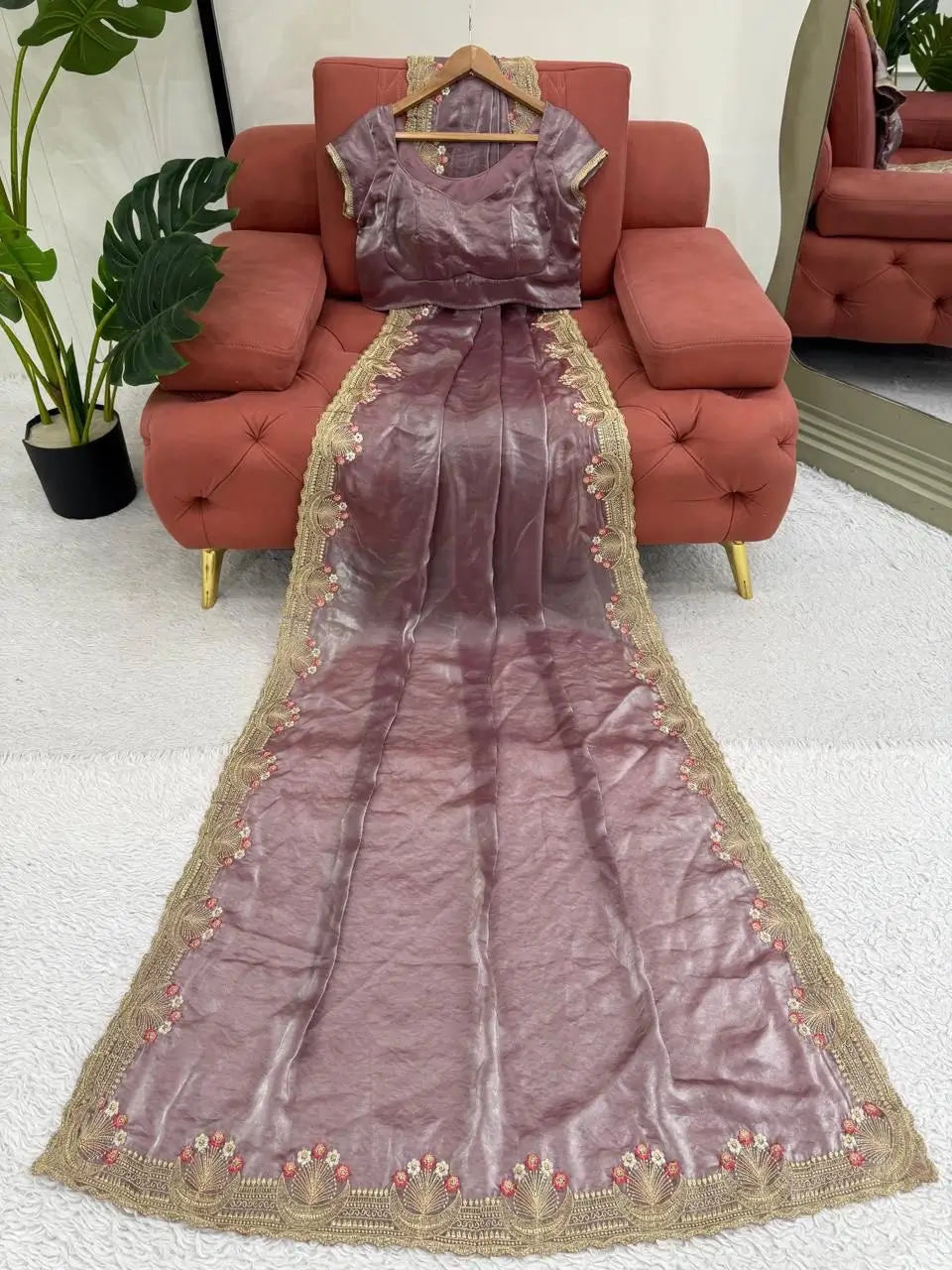 Premium Fendi Silk Saree with Intricate Thread Embroidery & Matching Unstitched Blouse