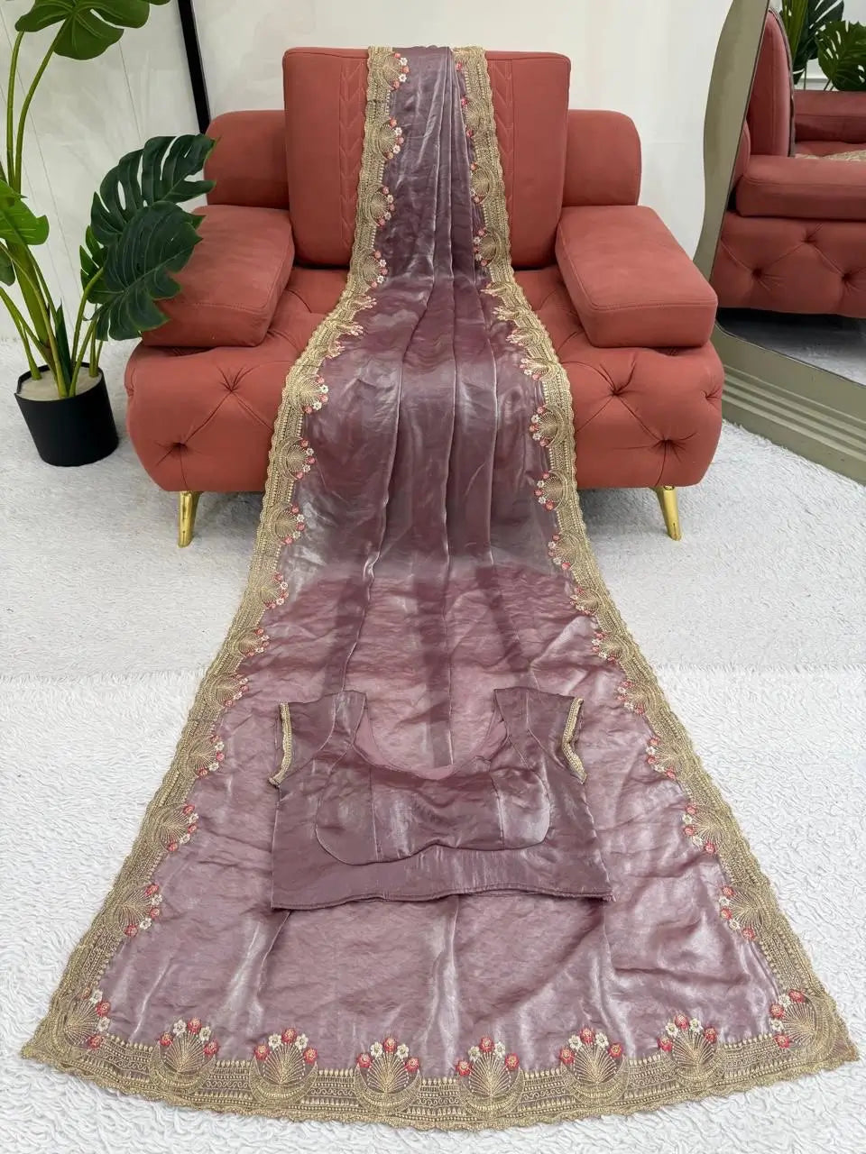 Premium Fendi Silk Saree with Intricate Thread Embroidery & Matching Unstitched Blouse