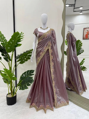Premium Fendi Silk Saree with Intricate Thread Embroidery & Matching Unstitched Blouse
