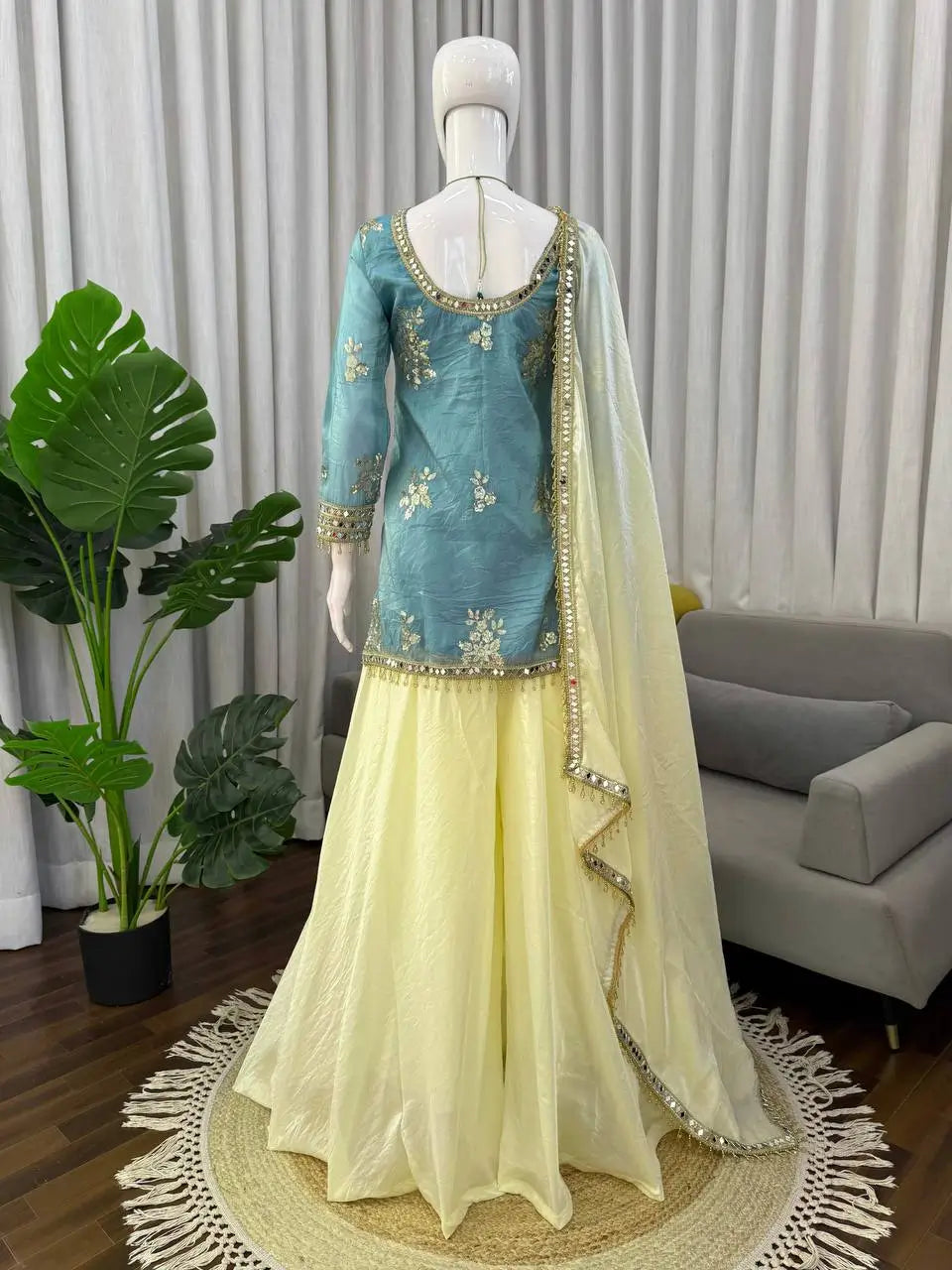 Premium Fendy Silk Palazzo Set with Mirror Work for Festive and Wedding Wear
