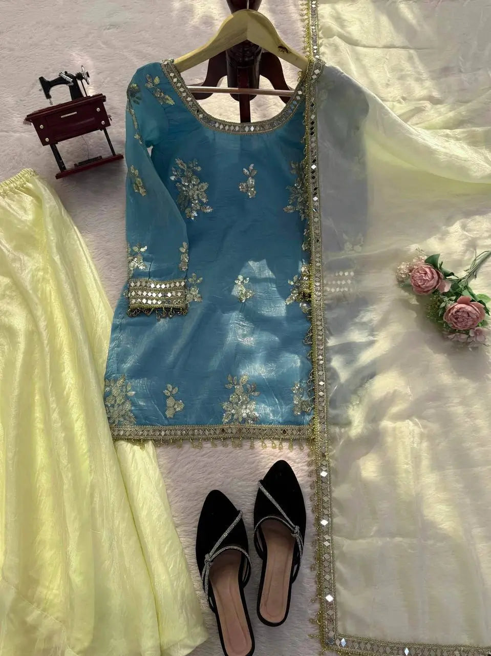 Premium Fendy Silk Palazzo Set with Mirror Work for Festive and Wedding Wear