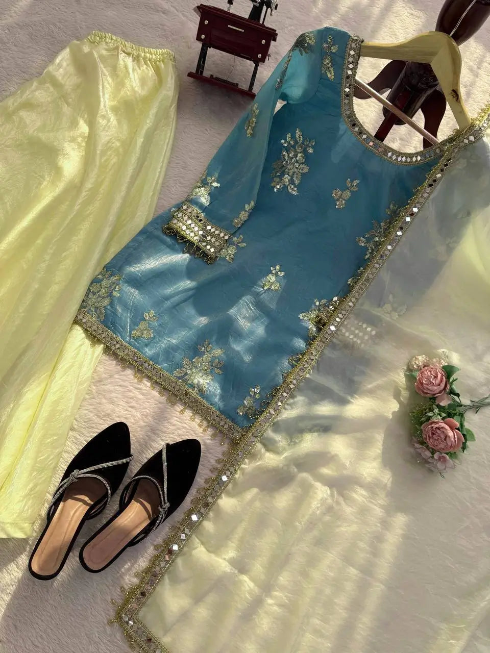 Premium Fendy Silk Palazzo Set with Mirror Work for Festive and Wedding Wear