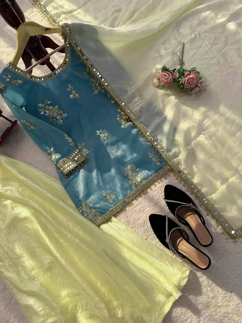 Premium Fendy Silk Palazzo Set with Mirror Work for Festive and Wedding Wear
