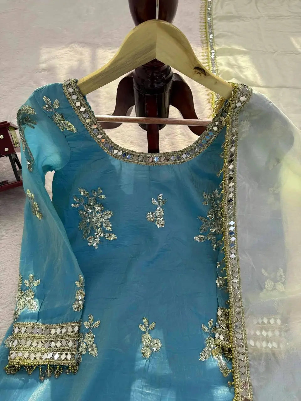 Premium Fendy Silk Palazzo Set with Mirror Work for Festive and Wedding Wear