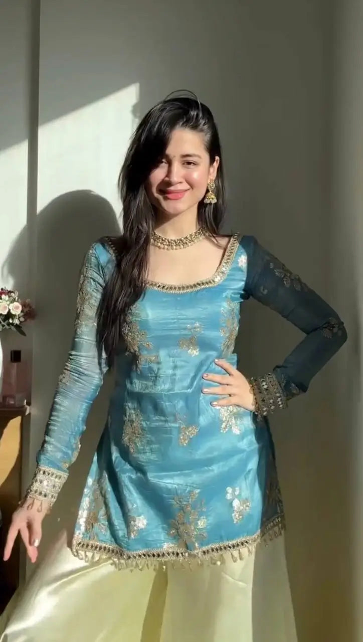 Premium Fendy Silk Palazzo Set with Mirror Work for Festive and Wedding Wear