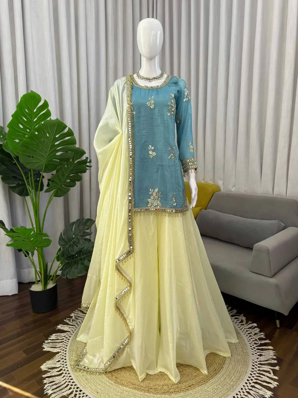 Premium Fendy Silk Palazzo Set with Mirror Work for Festive and Wedding Wear